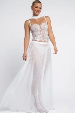 Embroidered Lace Corset Polka Dobby Chiffon A-Line Maxi Skirt With Scarf & Gloves - Cream by Goddiva