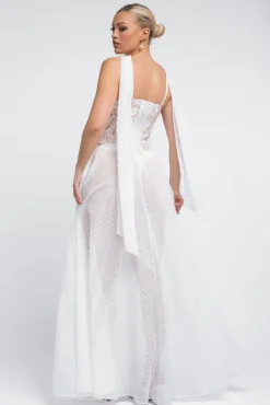 Embroidered Lace Corset Polka Dobby Chiffon A-Line Maxi Skirt With Scarf & Gloves - Cream by Goddiva