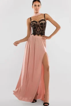 Embroidered Lace Corset Side Split Jersey Maxi Skirt With Jersey Scarf - Blush Pink by Goddiva