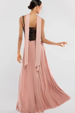Embroidered Lace Corset Side Split Jersey Maxi Skirt With Jersey Scarf - Blush Pink by Goddiva