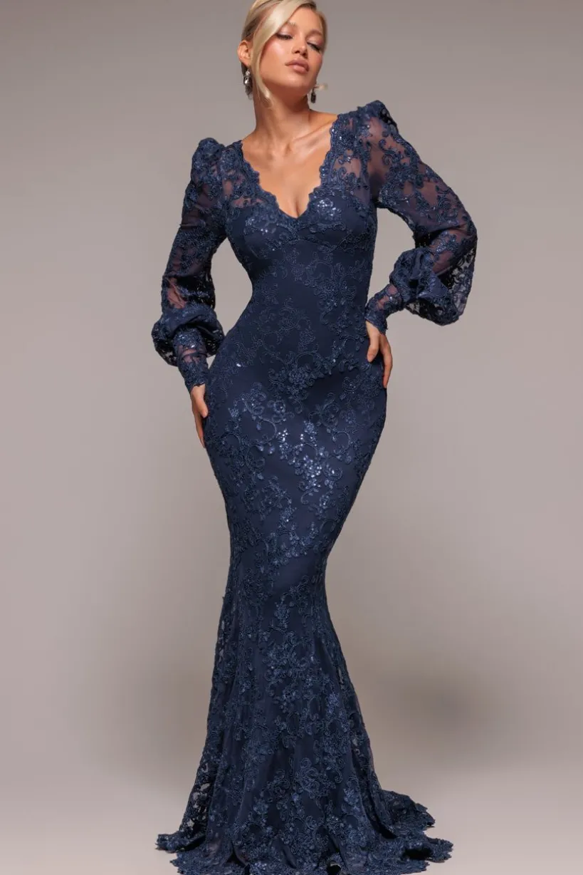 Embroidered Lace Scalloped Edge Maxi Dress - Navy Blue by Goddiva