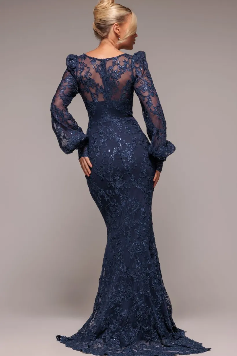 Embroidered Lace Scalloped Edge Maxi Dress - Navy Blue by Goddiva