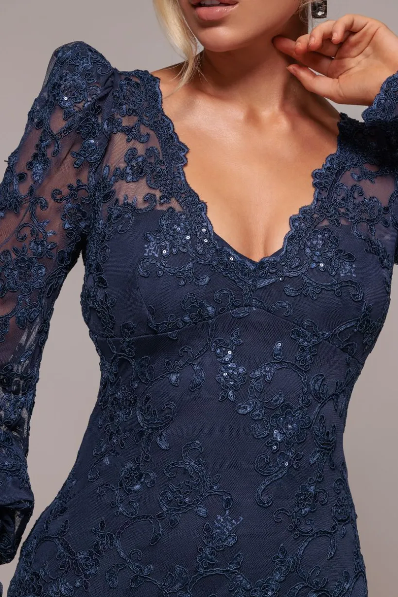 Embroidered Lace Scalloped Edge Maxi Dress - Navy Blue by Goddiva