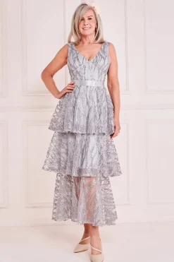Embroidered Mesh Layered Midi - Grey by Goddiva