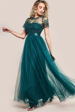 Embroidered Mesh Maxi Dress - Emerald Green by Goddiva