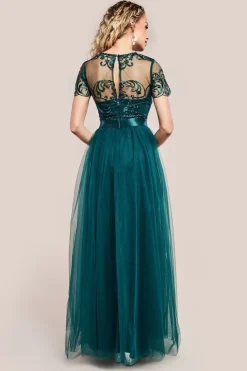 Embroidered Mesh Maxi Dress - Emerald Green by Goddiva