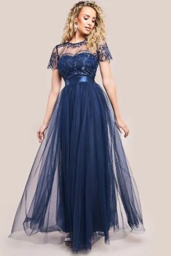 Embroidered Mesh Maxi Dress - Navy by Goddiva