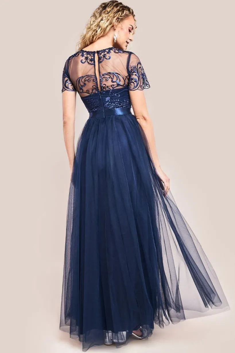 Embroidered Mesh Maxi Dress - Navy by Goddiva