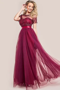 Embroidered Mesh Maxi Dress - Burgundy by Goddiva