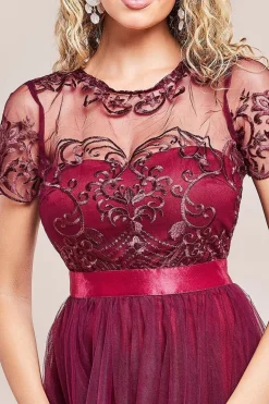 Embroidered Mesh Maxi Dress - Burgundy by Goddiva