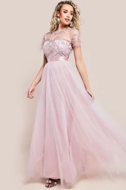 Embroidered Mesh Maxi Dress - Blush by Goddiva