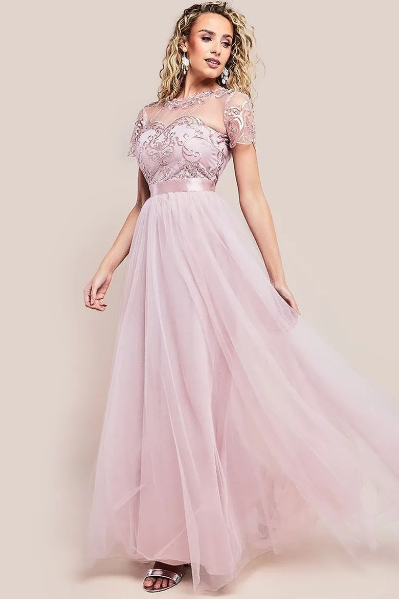 Embroidered Mesh Maxi Dress - Blush by Goddiva