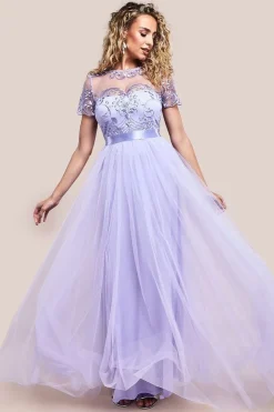 Embroidered Mesh Maxi Dress - Lilac by Goddiva