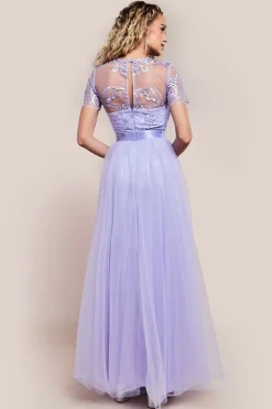 Embroidered Mesh Maxi Dress - Lilac by Goddiva