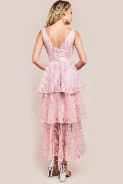 Embroidered Mesh Tiered Midi Dress - Pink by Goddiva