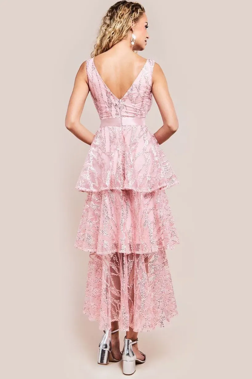 Embroidered Mesh Tiered Midi Dress - Pink by Goddiva