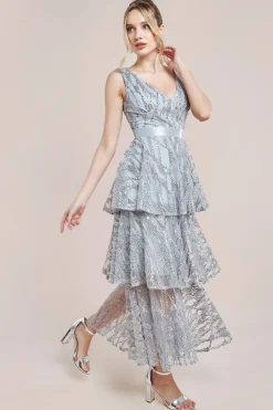 Embroidered Mesh Tiered Midi Dress - Grey by Goddiva