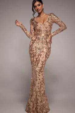 Embroidered Sequin & Mesh Maxi Dress - Champagne by Goddiva