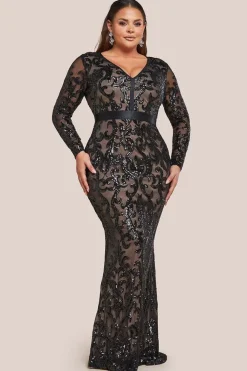 Embroidered Sequin & Mesh Maxi Dress - Black by Goddiva Plus