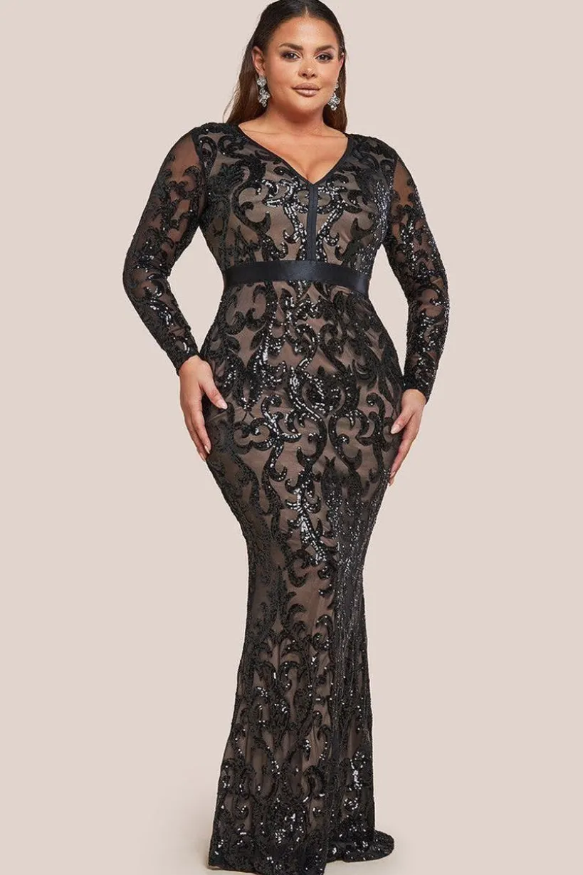 Embroidered Sequin & Mesh Maxi Dress - Black by Goddiva Plus