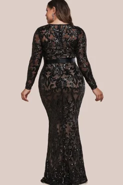 Embroidered Sequin & Mesh Maxi Dress - Black by Goddiva Plus