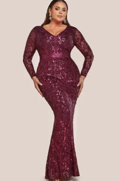 Embroidered Sequin & Mesh Maxi Dress - Burgundy by Goddiva Plus