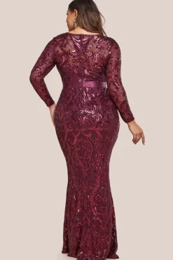 Embroidered Sequin & Mesh Maxi Dress - Burgundy by Goddiva Plus
