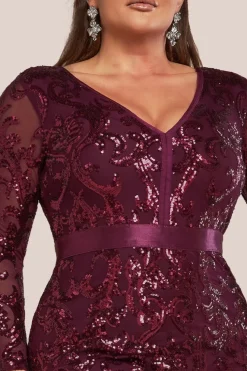 Embroidered Sequin & Mesh Maxi Dress - Burgundy by Goddiva Plus