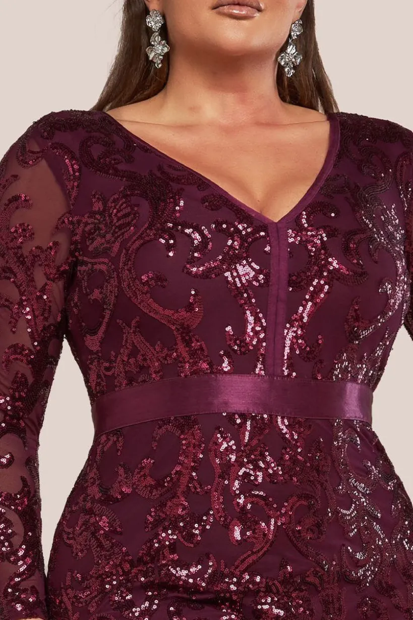 Embroidered Sequin & Mesh Maxi Dress - Burgundy by Goddiva Plus