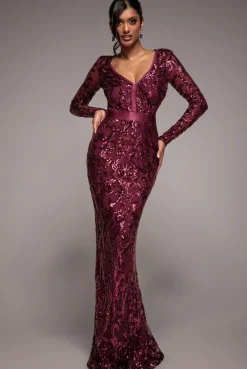 Embroidered Sequin & Mesh Maxi Dress - Burgundy by Goddiva