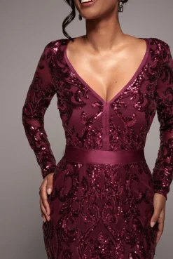 Embroidered Sequin & Mesh Maxi Dress - Burgundy by Goddiva