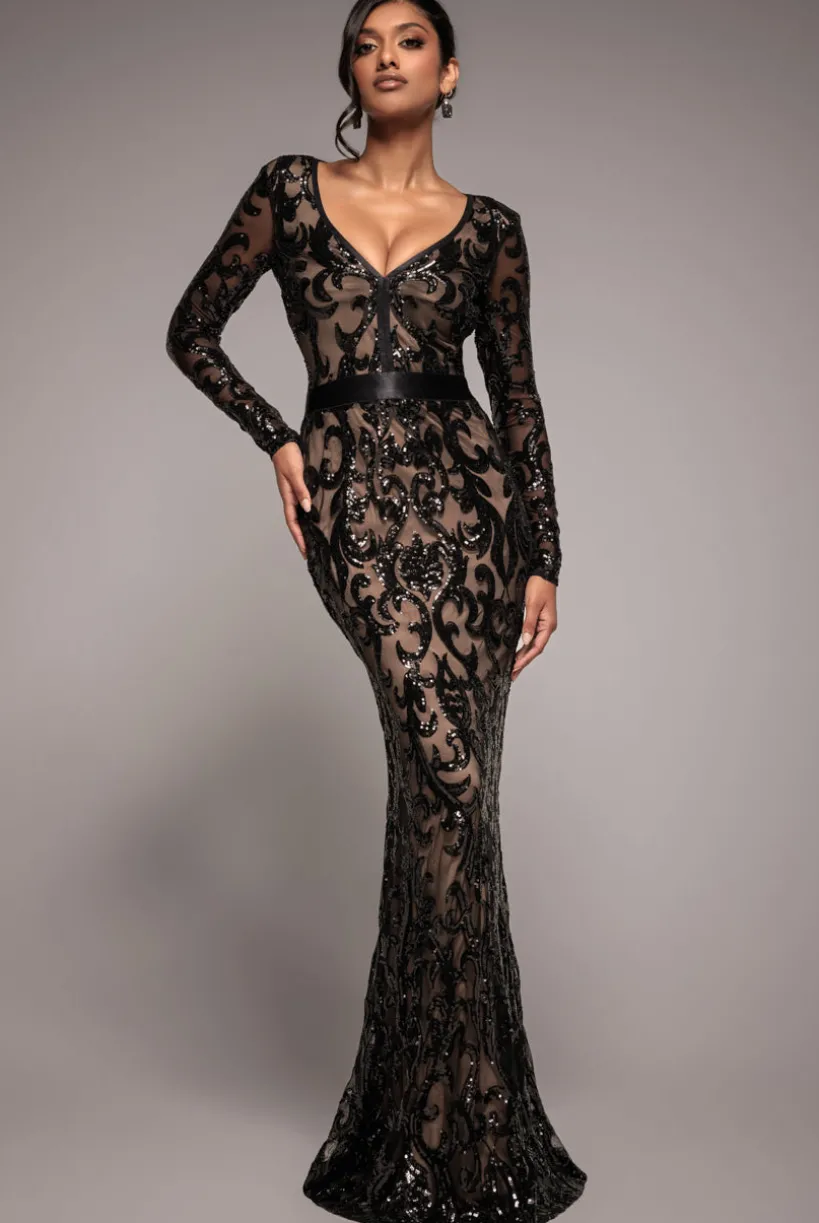 Embroidered Sequin & Mesh Maxi Dress - Black by Goddiva