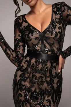 Embroidered Sequin & Mesh Maxi Dress - Black by Goddiva