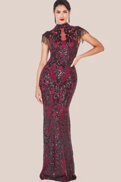 Embroidered Sequin Beaded Cap Sleeve Maxi - Burgundy by Goddiva