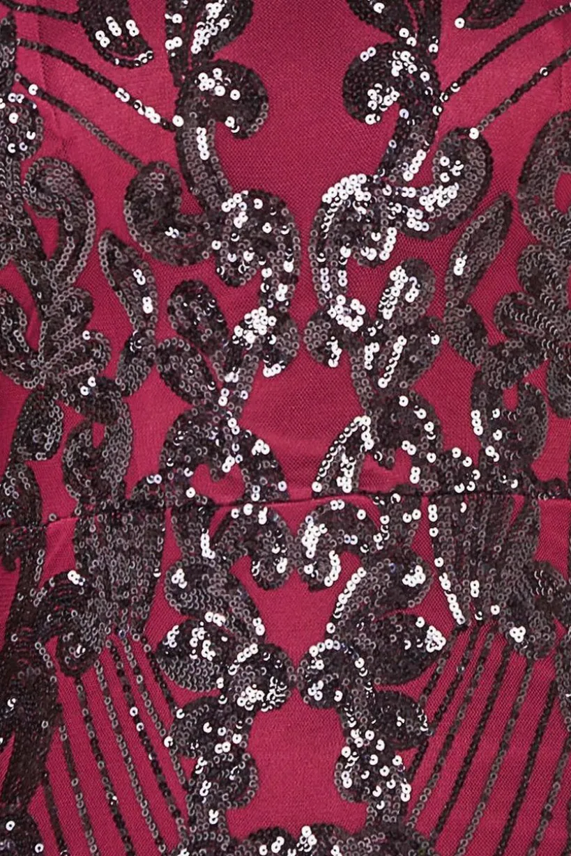 Embroidered Sequin Beaded Cap Sleeve Maxi - Burgundy by Goddiva