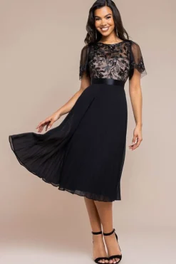 Embroidered Top Chiffon Pleated Midi - Black by Goddiva