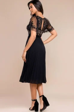 Embroidered Top Chiffon Pleated Midi - Black by Goddiva