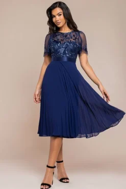 Embroidered Top Chiffon Pleated Midi - Navy Blue by Goddiva