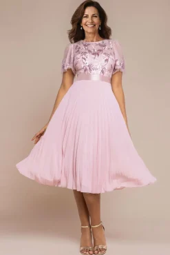 Embroidered Top Chiffon Pleated Midi - Blush Pink by Goddiva