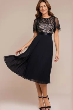 Embroidered Top Chiffon Pleated Midi - Black by Goddiva
