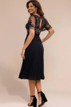 Embroidered Top Chiffon Pleated Midi - Black by Goddiva