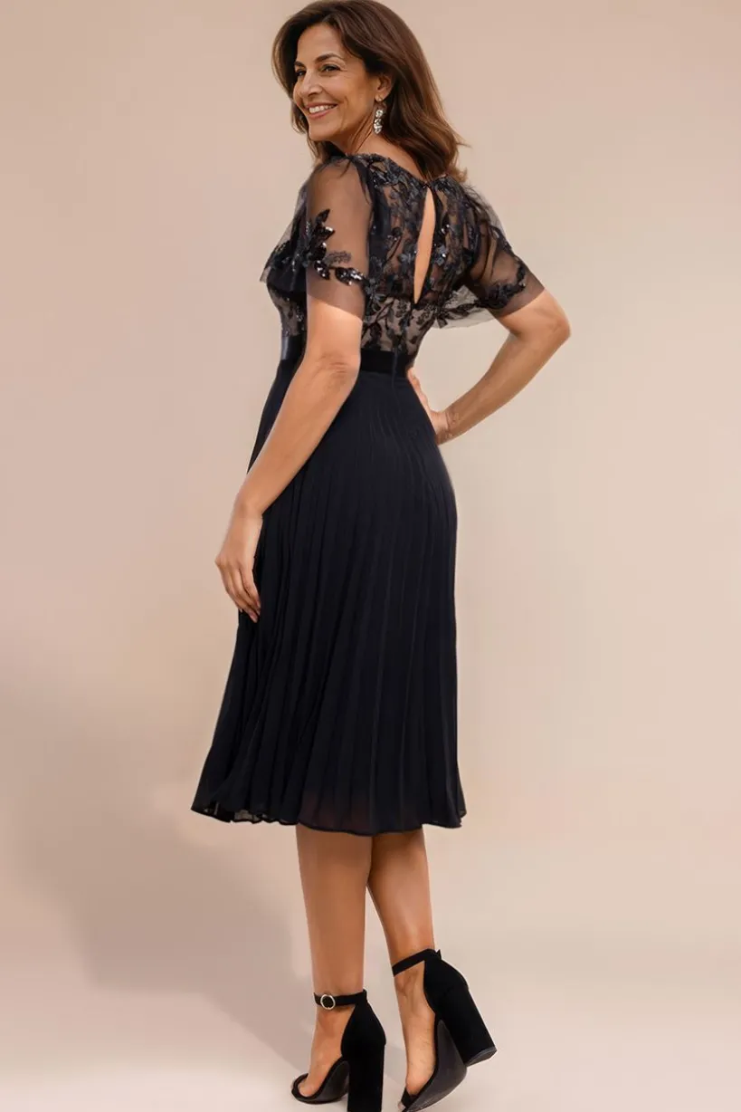 Embroidered Top Chiffon Pleated Midi - Black by Goddiva