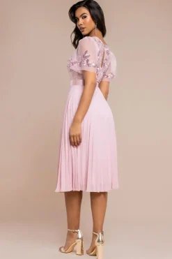 Embroidered Top Chiffon Pleated Midi - Blush Pink by Goddiva