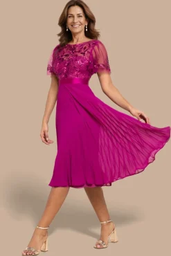 Embroidered Top Chiffon Pleated Midi - Magenta by Goddiva