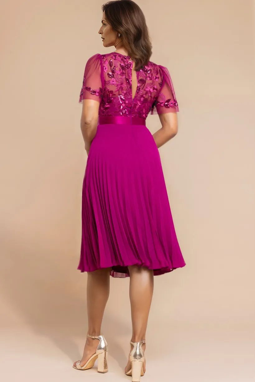 Embroidered Top Chiffon Pleated Midi - Magenta by Goddiva