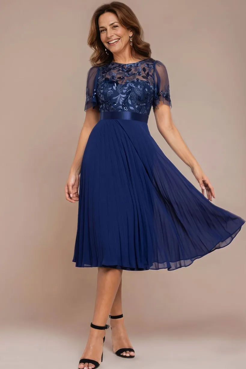 Embroidered Top Chiffon Pleated Midi - Navy Blue by Goddiva