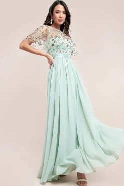 Embroidered Top Flutter Sleeve Maxi - Sage Green by Goddiva