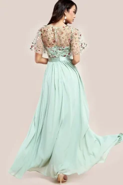 Embroidered Top Flutter Sleeve Maxi - Sage Green by Goddiva