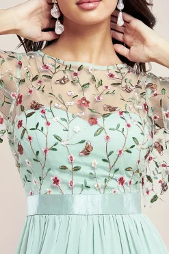 Embroidered Top Flutter Sleeve Maxi - Sage Green by Goddiva