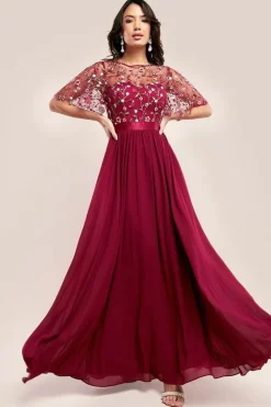 Embroidered Top Flutter Sleeve Maxi - Burgundy by Goddiva